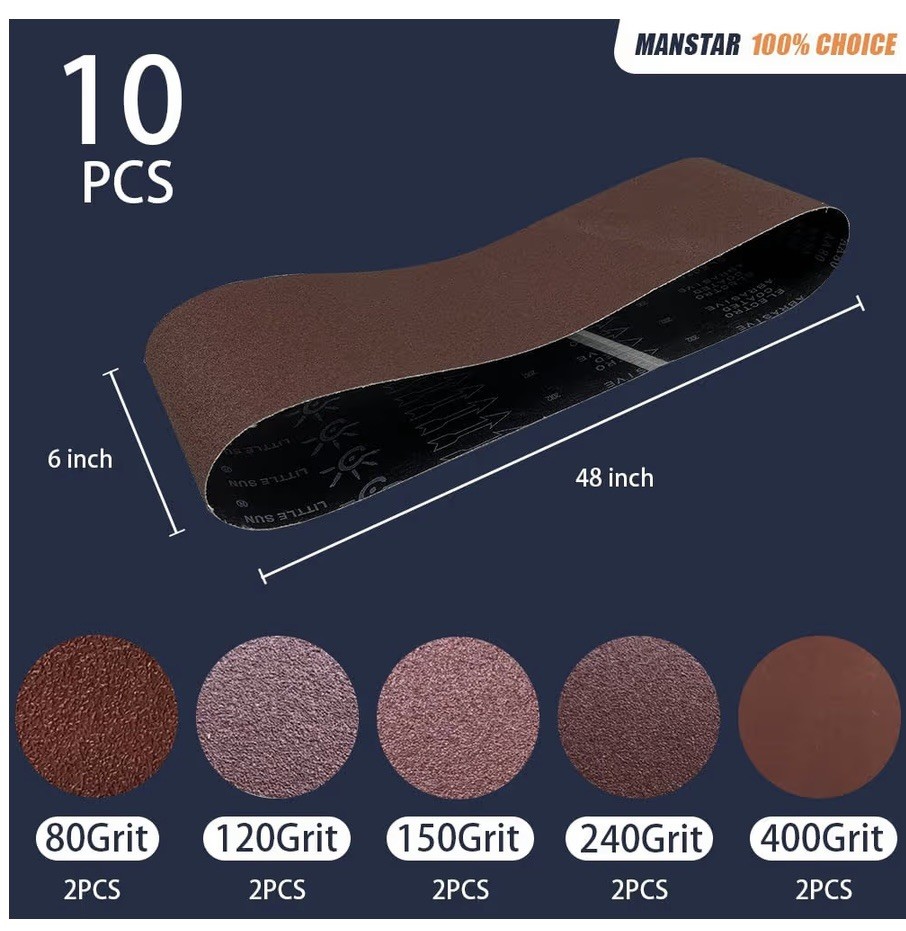 10 Pcs 6 x 48 Inch Assorted Aluminum Oxide Sanding Belt, 80/120/150/240/400 Grit