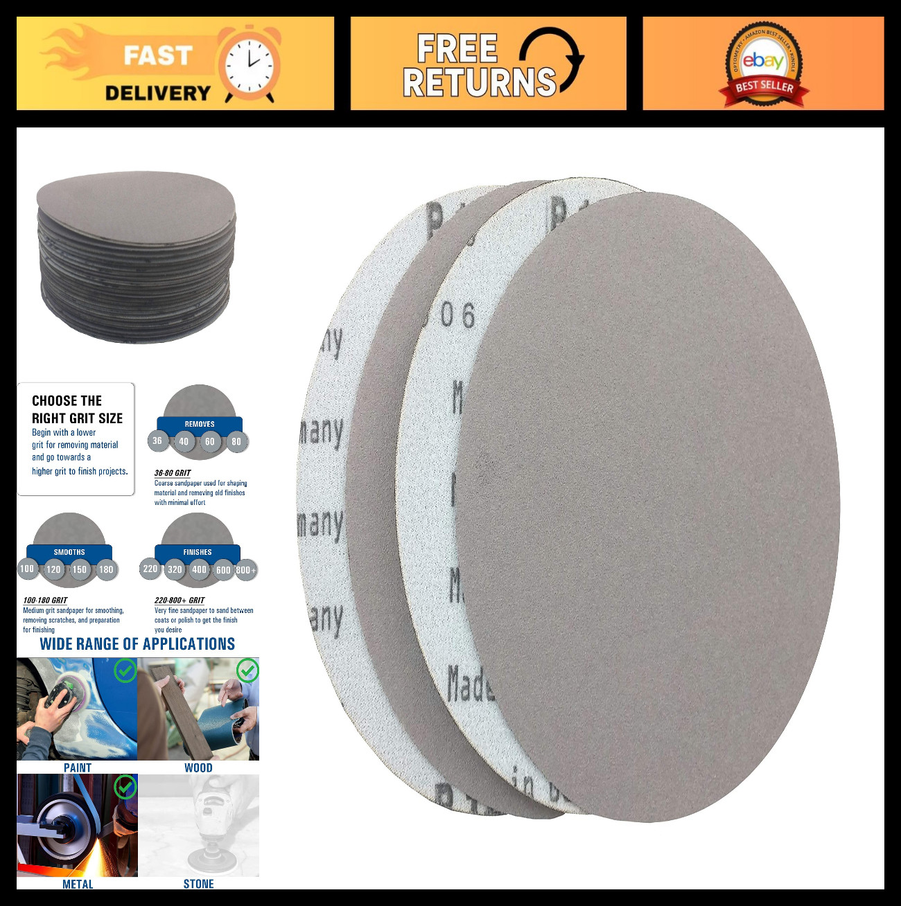 11″ Hook and Loop Sanding Discs – 80 Grit Aluminum Oxide, No Hole, 25 Pack for W
