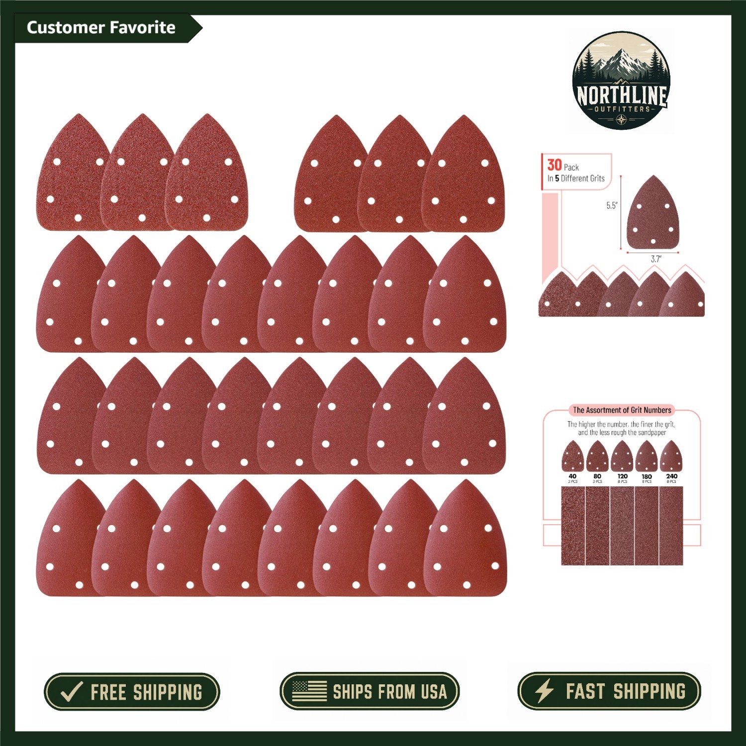 Bates 30-Pack Mouse Sander Sanding Pads, Durable Aluminum Oxide, 5 Grit Types