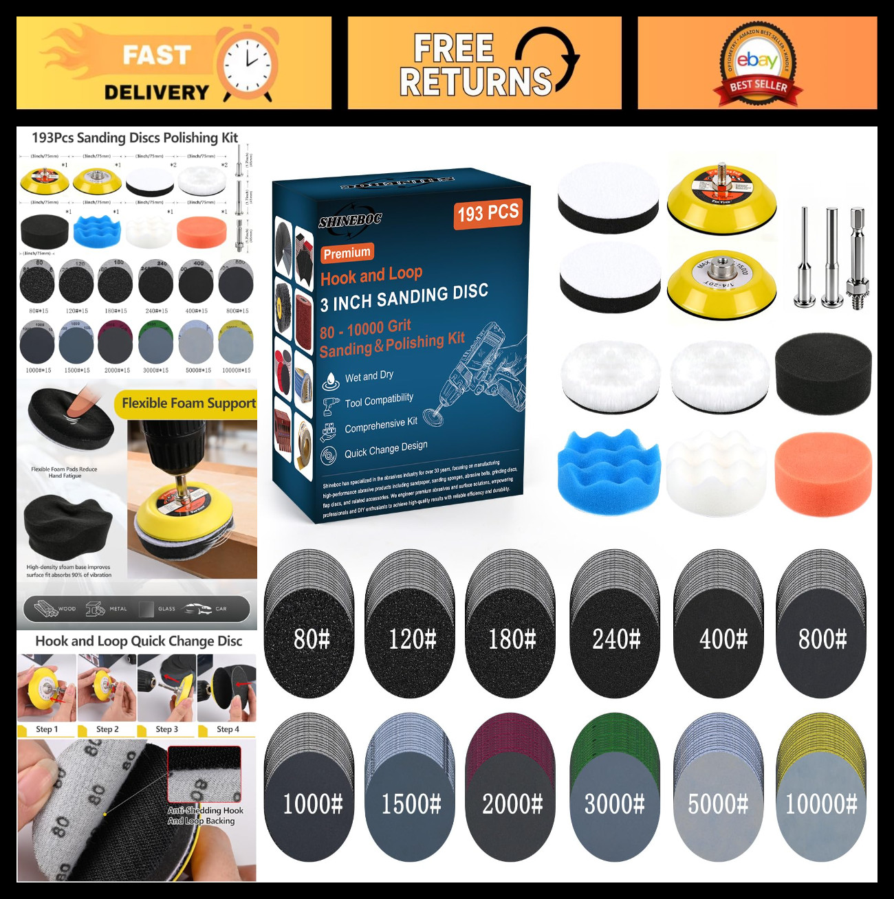193Pcs 3″ Sanding Discs Polishing Kit – 80-10000 Grits Wet/Dry Sandpaper for Aut