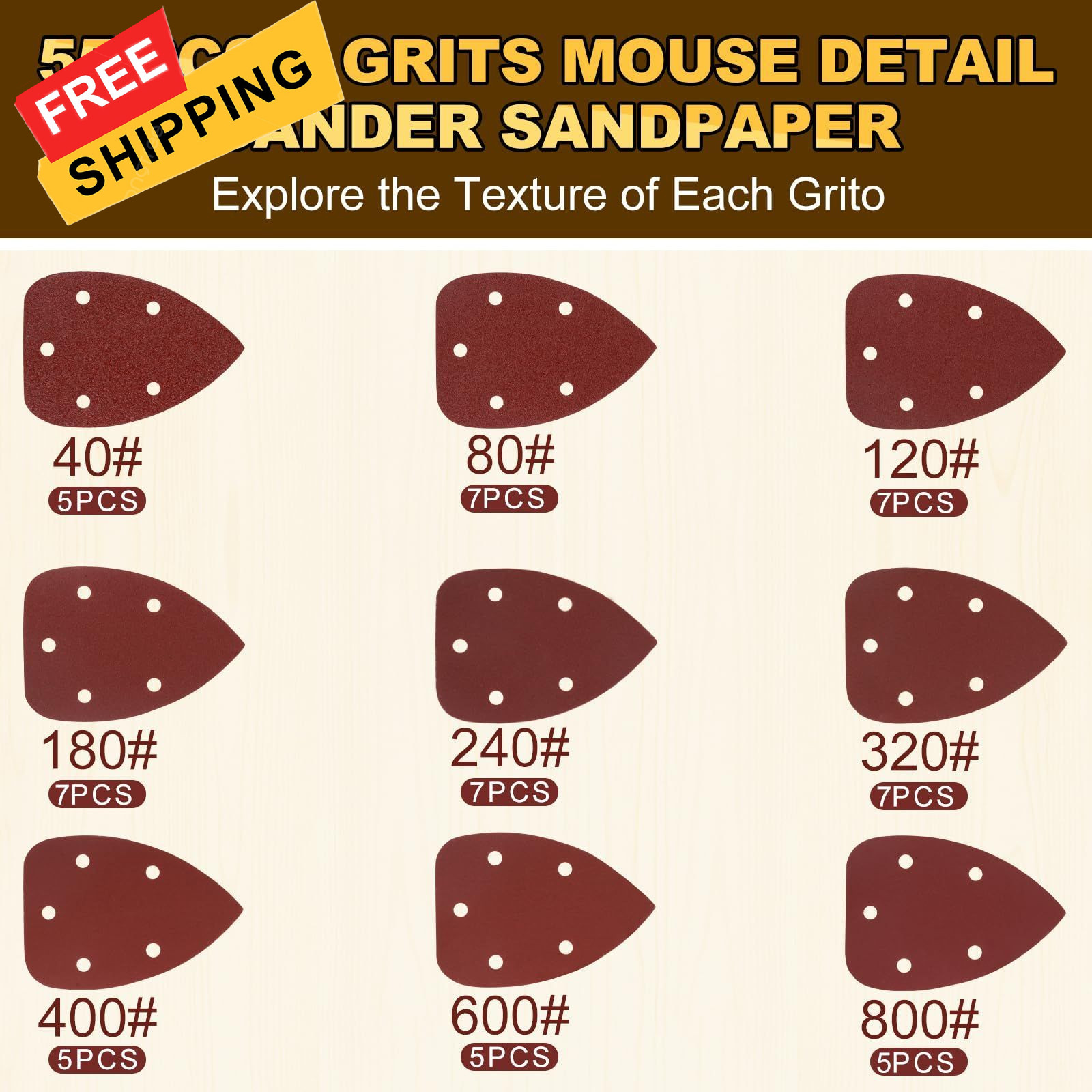 Giwiemi 55Pcs Mouse Detail Sander Sandpaper, 9 Grits 5.5 x 3.9 inches, Red