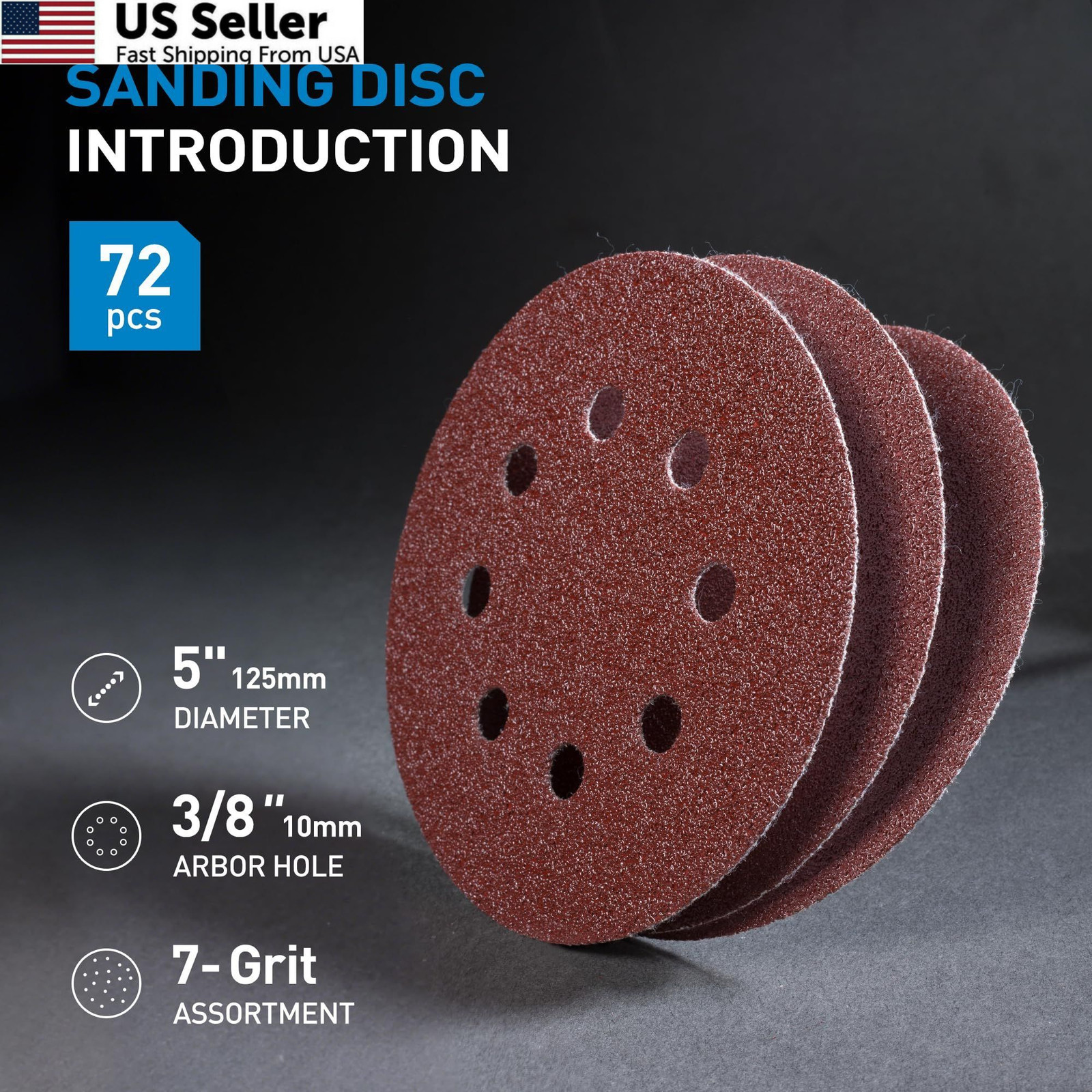 S SATC 72 PCS 5 Inch 8 Hole Hook and Loop Adhesive Sanding 72pcs 5 inch, Red