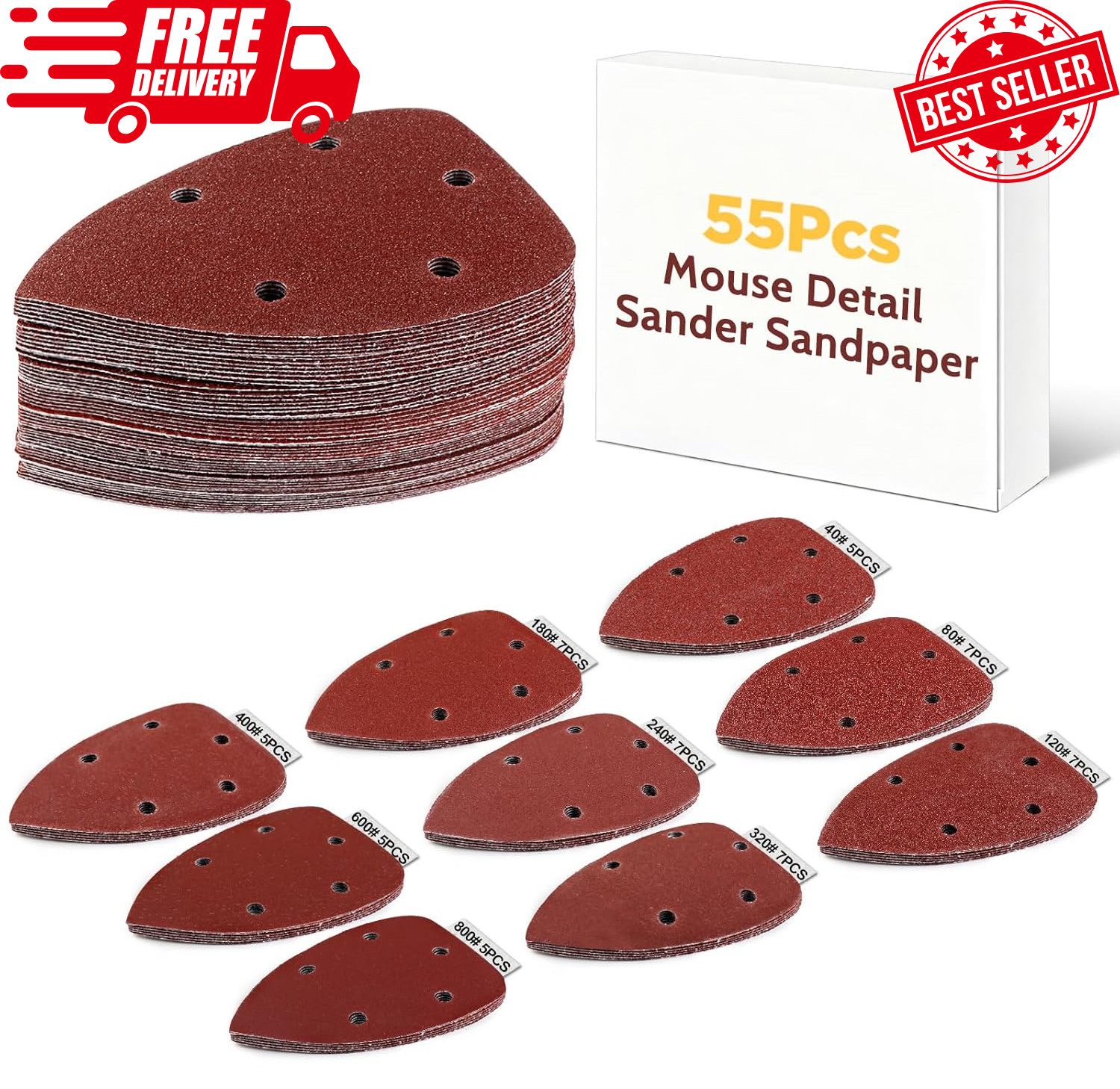 55pcs Mouse Detail Sander Sandpaper Premium Triangle Sanding Pads 9 Grits 40-800