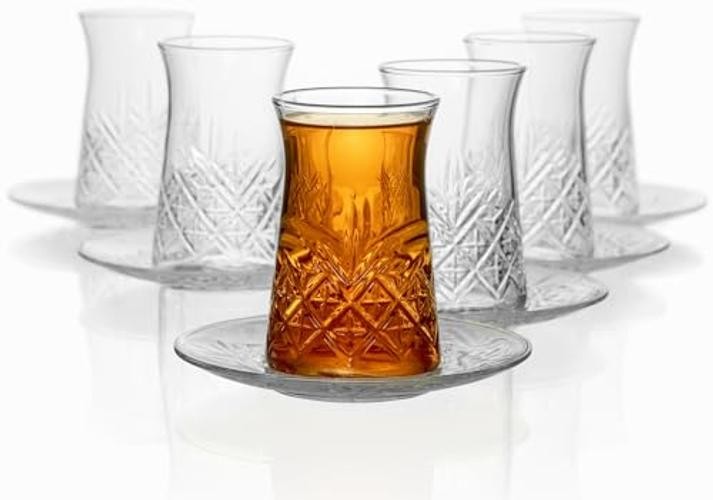 Set of 6 Clear Glass 5.5 Fl Oz Cut Glass Tea Cups with Saucers – Clear