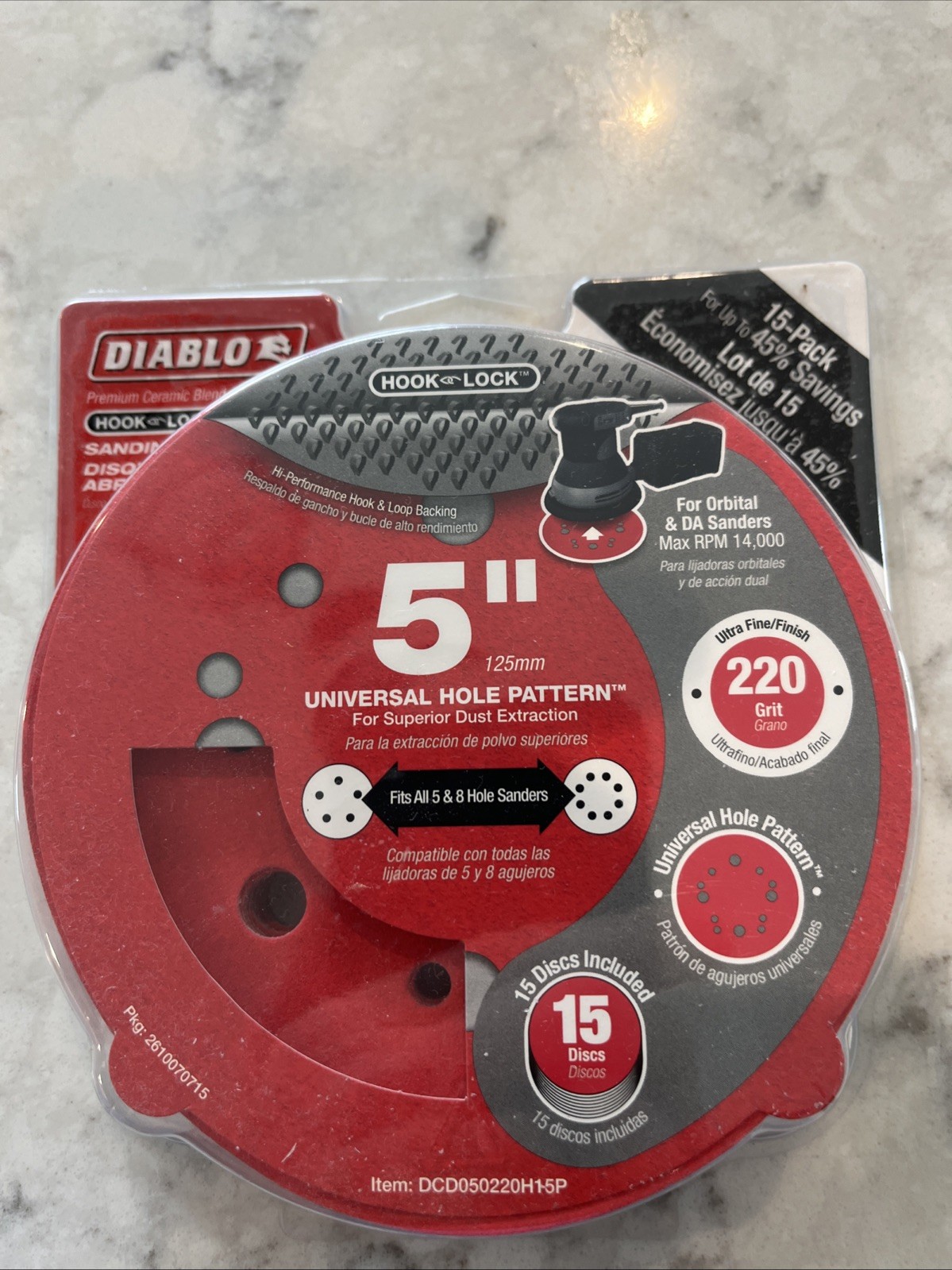 15pc Diablo 5″ Premium Ceramic Blend Hook & Lock Sanding Discs -220 Grit