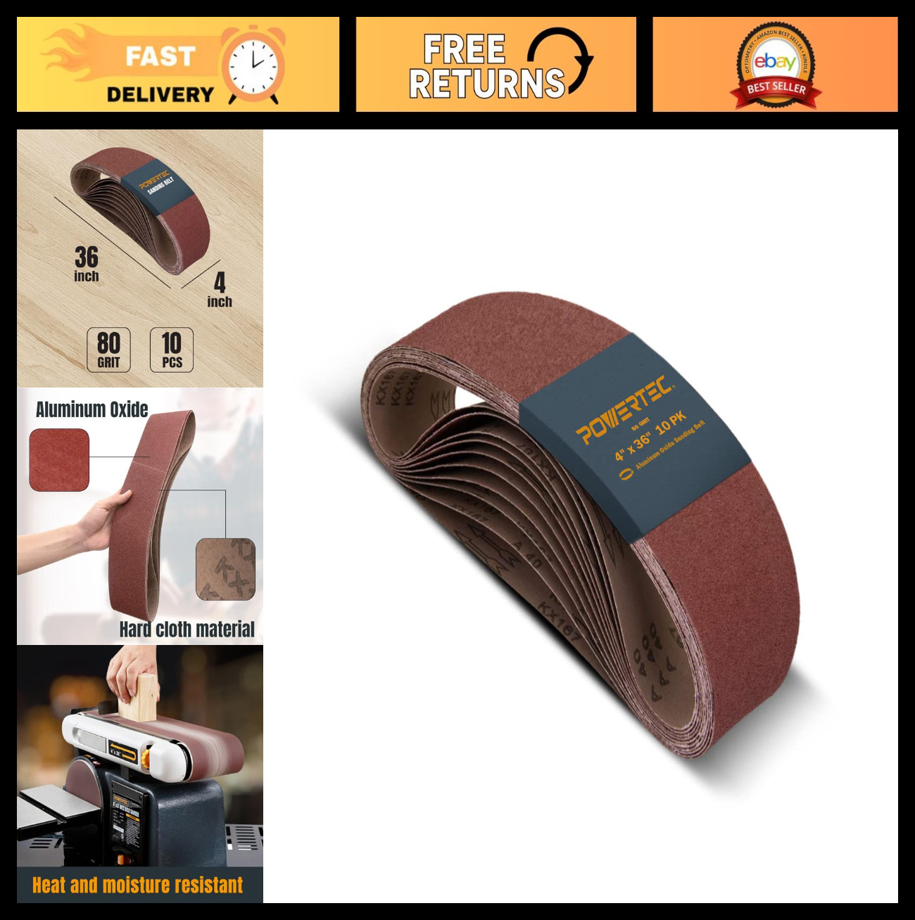 10PK 4″x36″ Sanding Belts – 80 Grit Aluminum Oxide for Wood & Metalworking, Rust