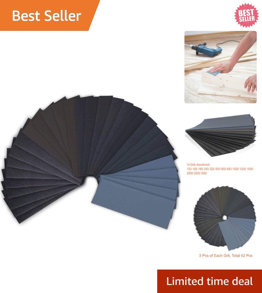 42 Pcs Wet & Dry Sandpaper Set, 9×3.6 Inches, Grits 120-3000 for Every Project