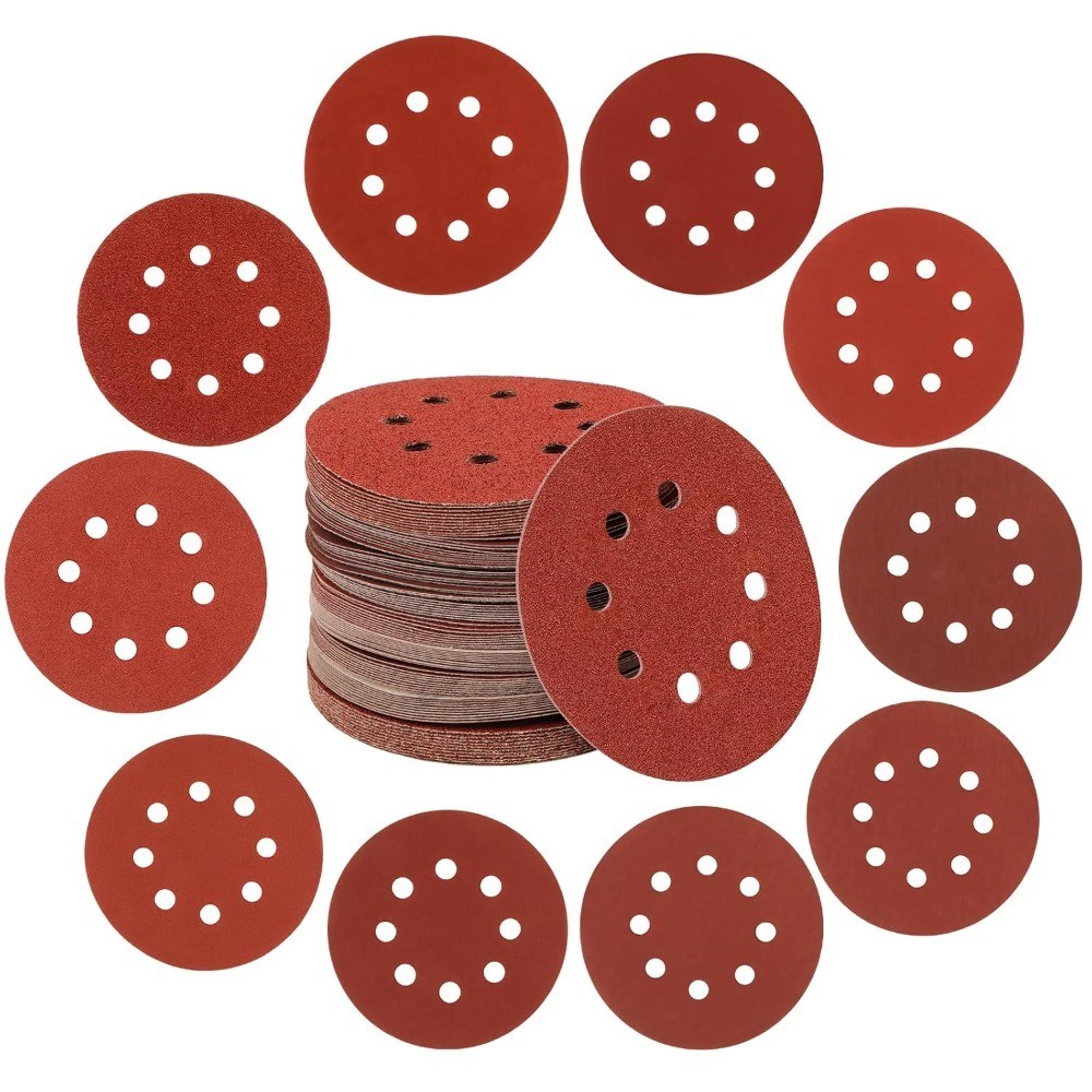 110pcs 5in 8-Hole Hook & Loop Sanding Discs | Assorted 60-2000 grit red