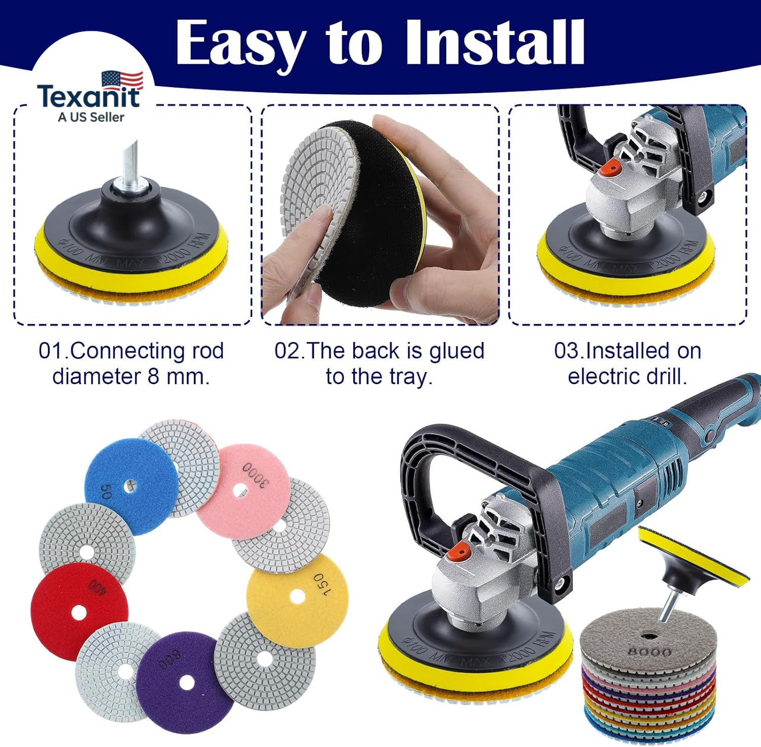 13PCS 4 Inch Diamond Polishing Pads Set, 5/8’’-11 Backer Pad, 50-8000 Grit Pads,