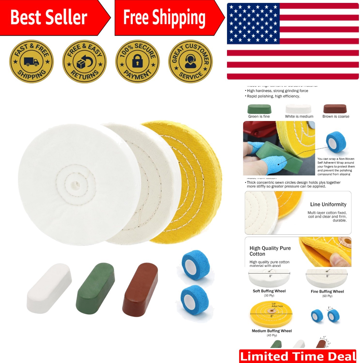 Complete 8″ Buffing Wheel Set – Ideal for Automotive, Wood, & Metal Finishing