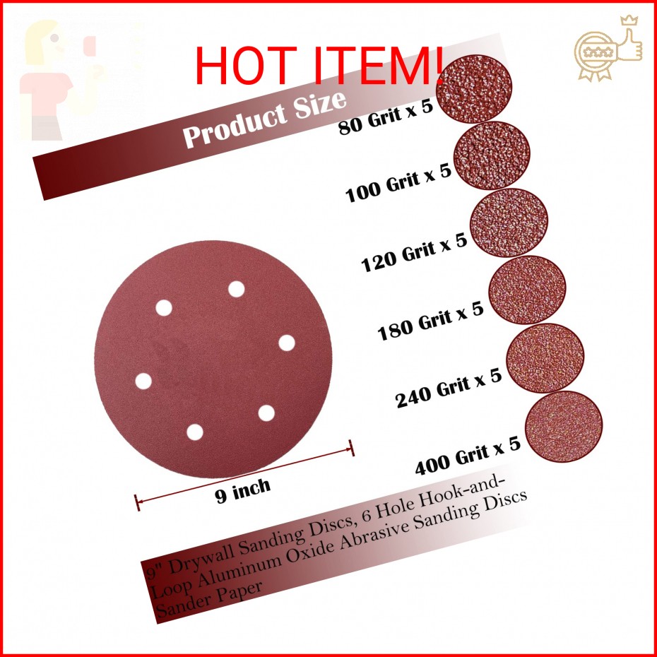 30 PCS 9 Inch 6 Hole Drywall Sanding Discs Set- 80 100 120 180 240 400 Grits, 9″