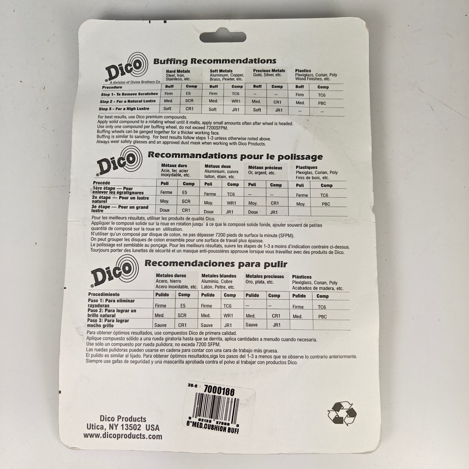 Dico 6″ Cotton Medium Cushion Buffing Wheel #36, Polishing 7000186