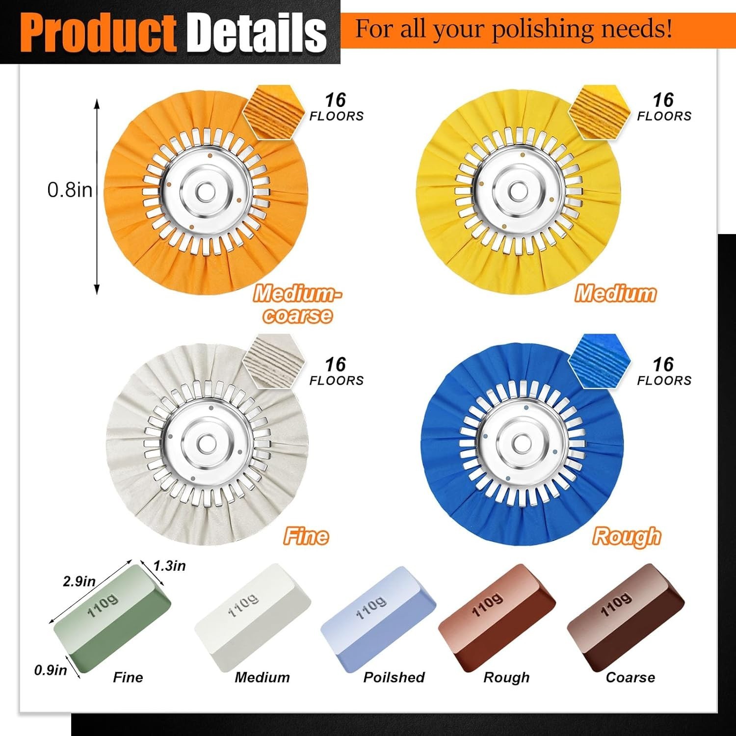 7 Pcs 8″ Airway Buffing Wheel Kit in Diameter 5/8″ in Arbor Hole, Aluminum Metal