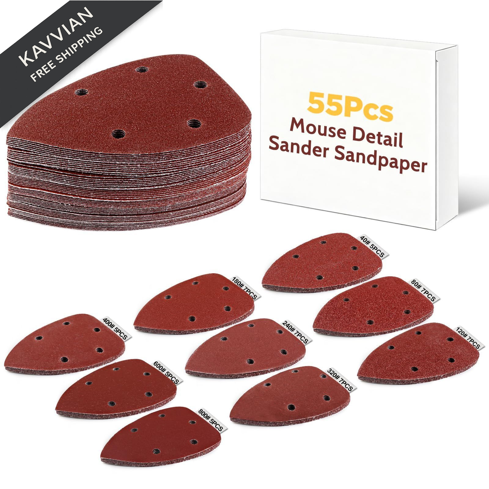 Giwiemi 55Pcs Mouse Detail Sander Sandpaper, 9 Grits 5.5 x 3.9 inches, Red
