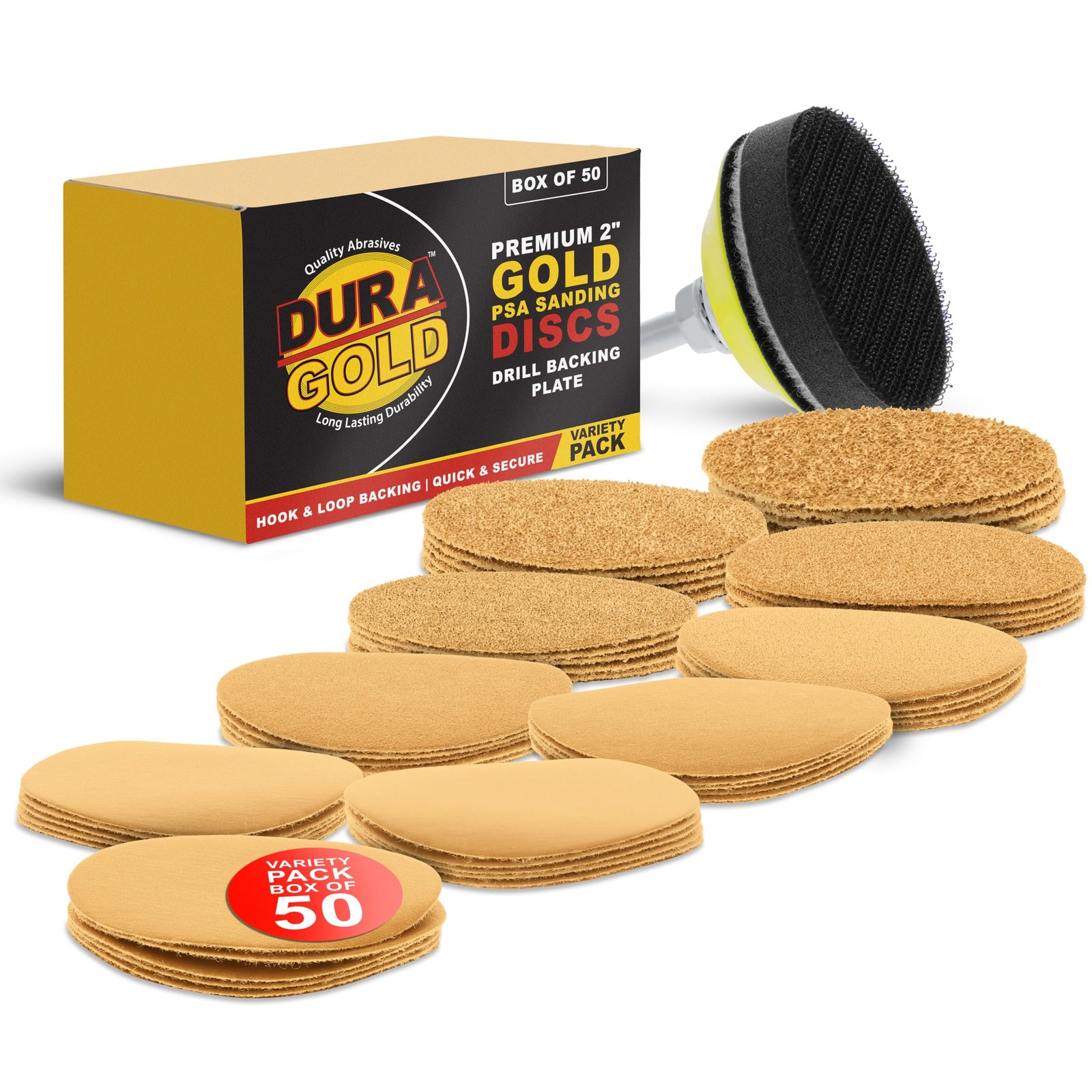 Premium 2″ Gold Hook & Loop Sanding Discs Variety Pack Box – 40, 60, 80, 120,…