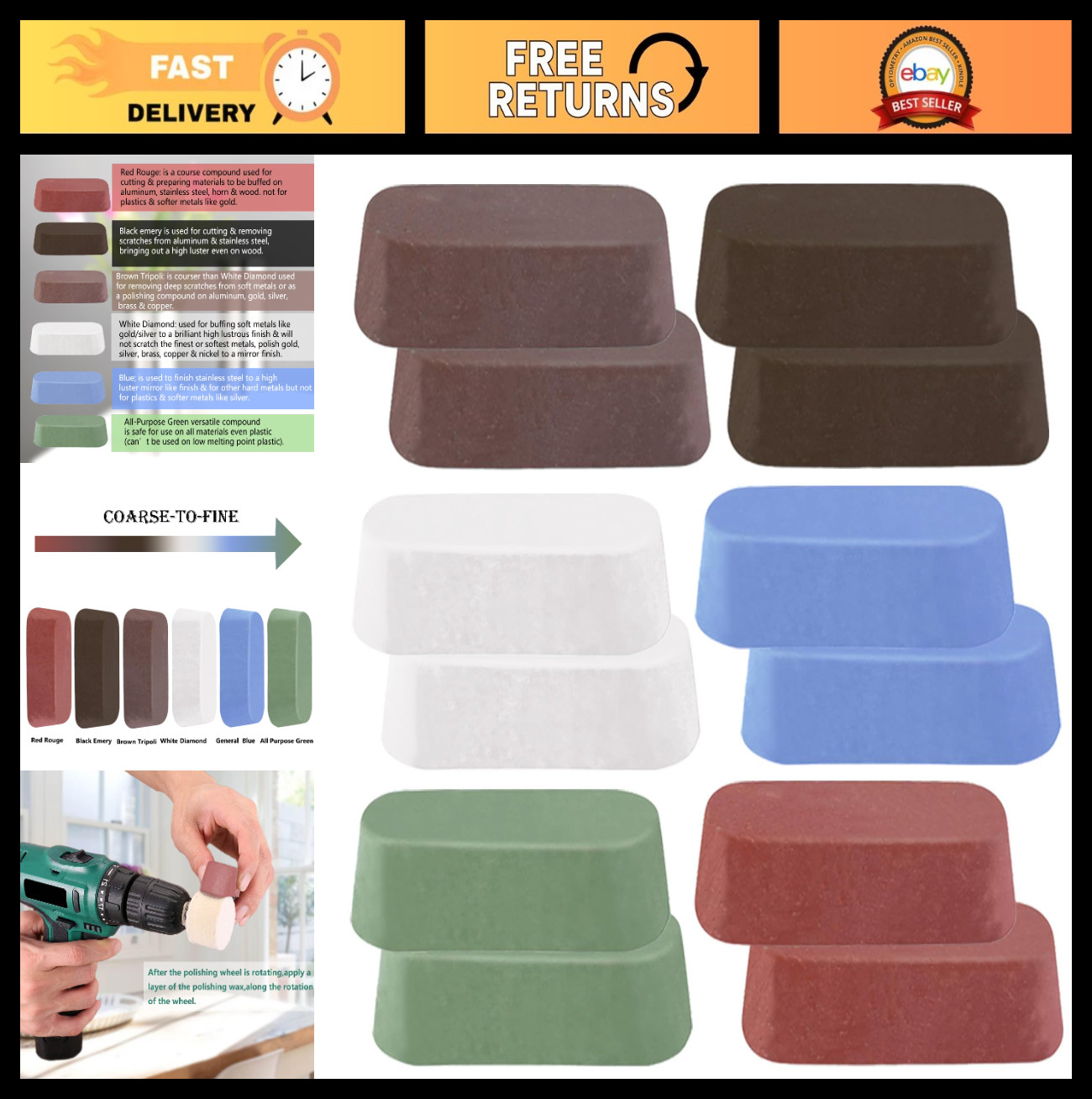 12 Pcs Metal Polishing Compound Set for Buffing Wheels – Coarse to Fine Grits fo
