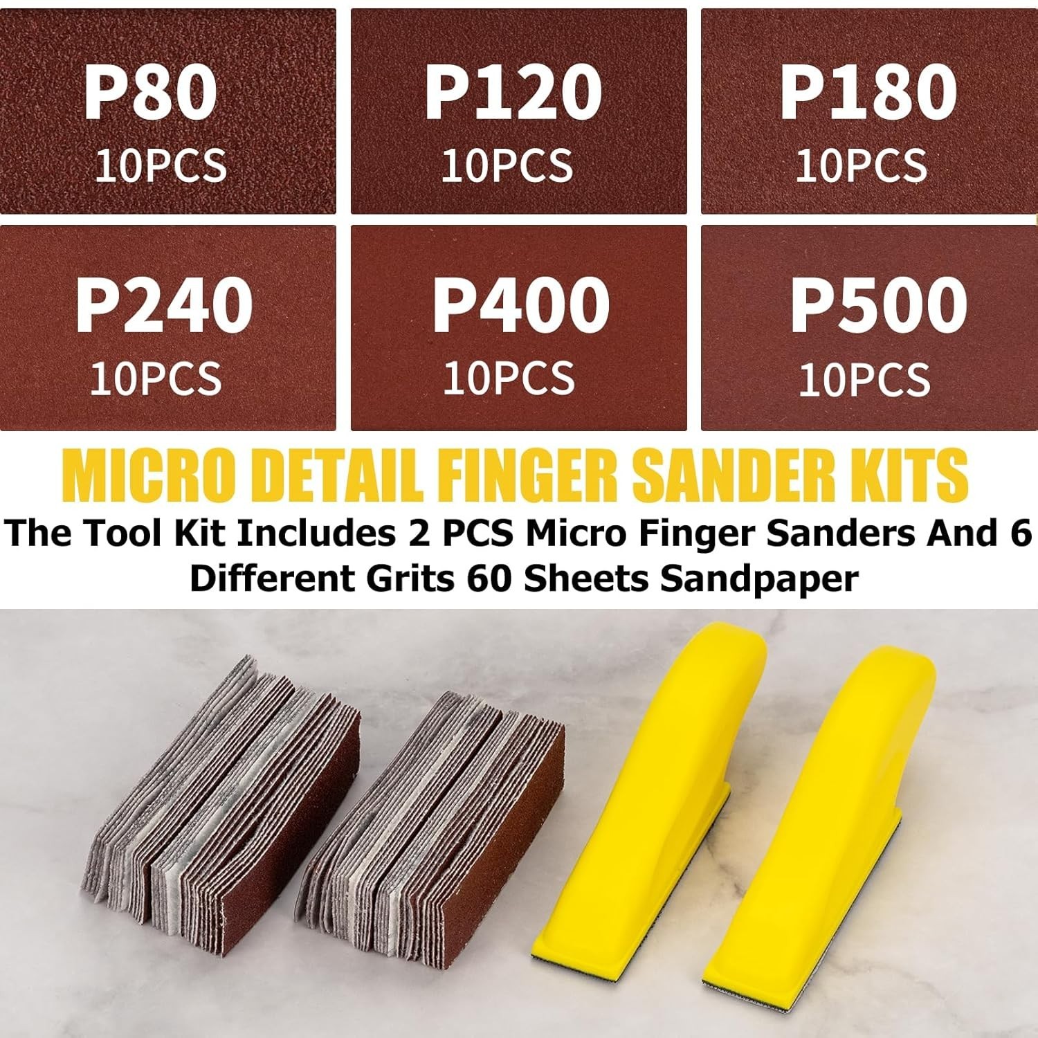 Micro Finger Sander for Crafts 2 Pack with 60 PCS 3.5 X 1 Inch Sandpaper 80 120