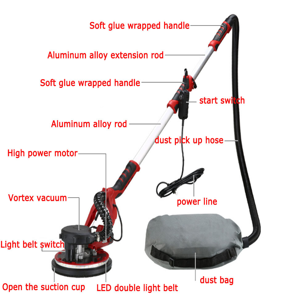 220V 1390W Polishing Machine Long Pole Sander Wall Grinding with LED Light Strip