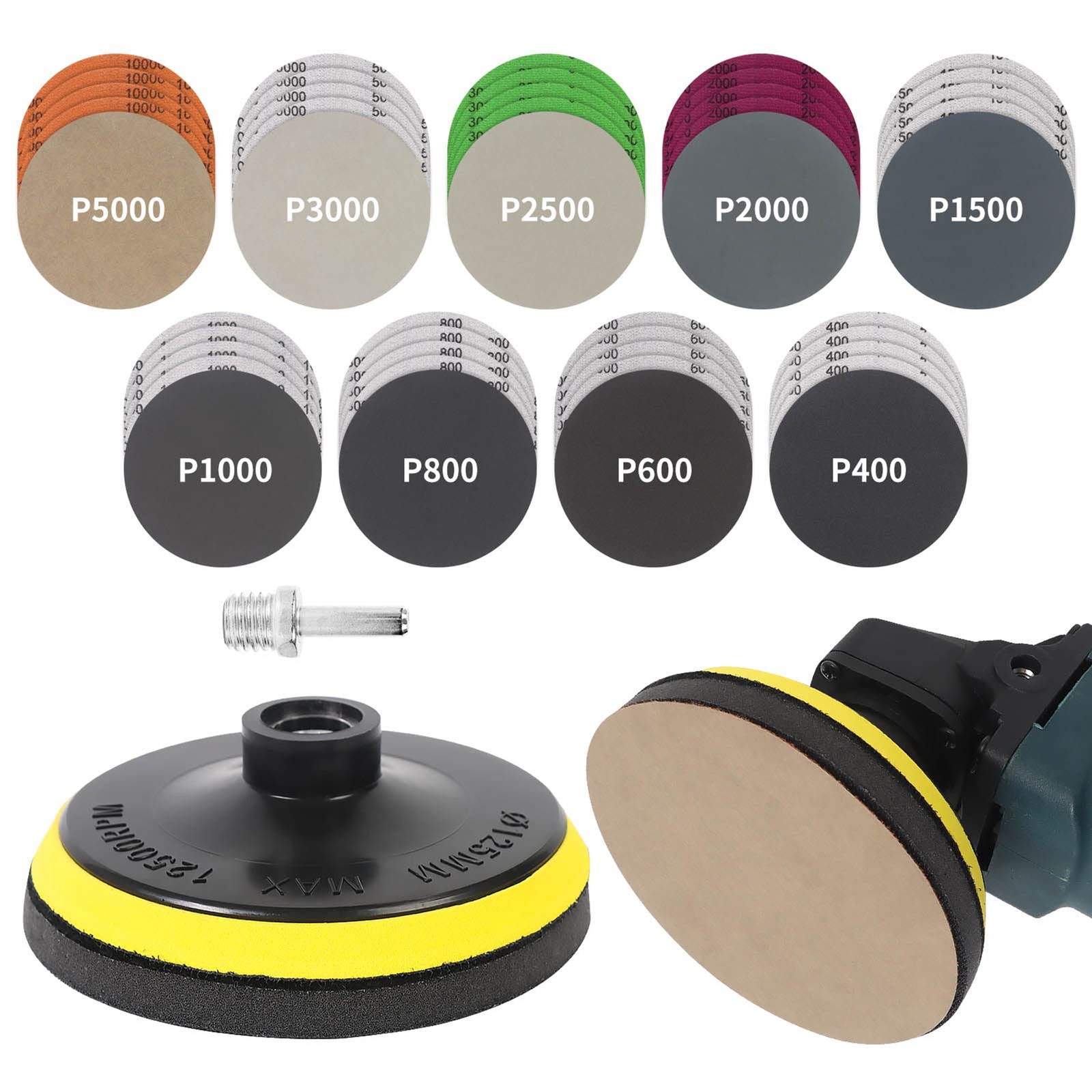 45PCS 5 Inch Wet Dry Sanding Discs Kit with Hook and Loop Backing Pad 5/8-11 and