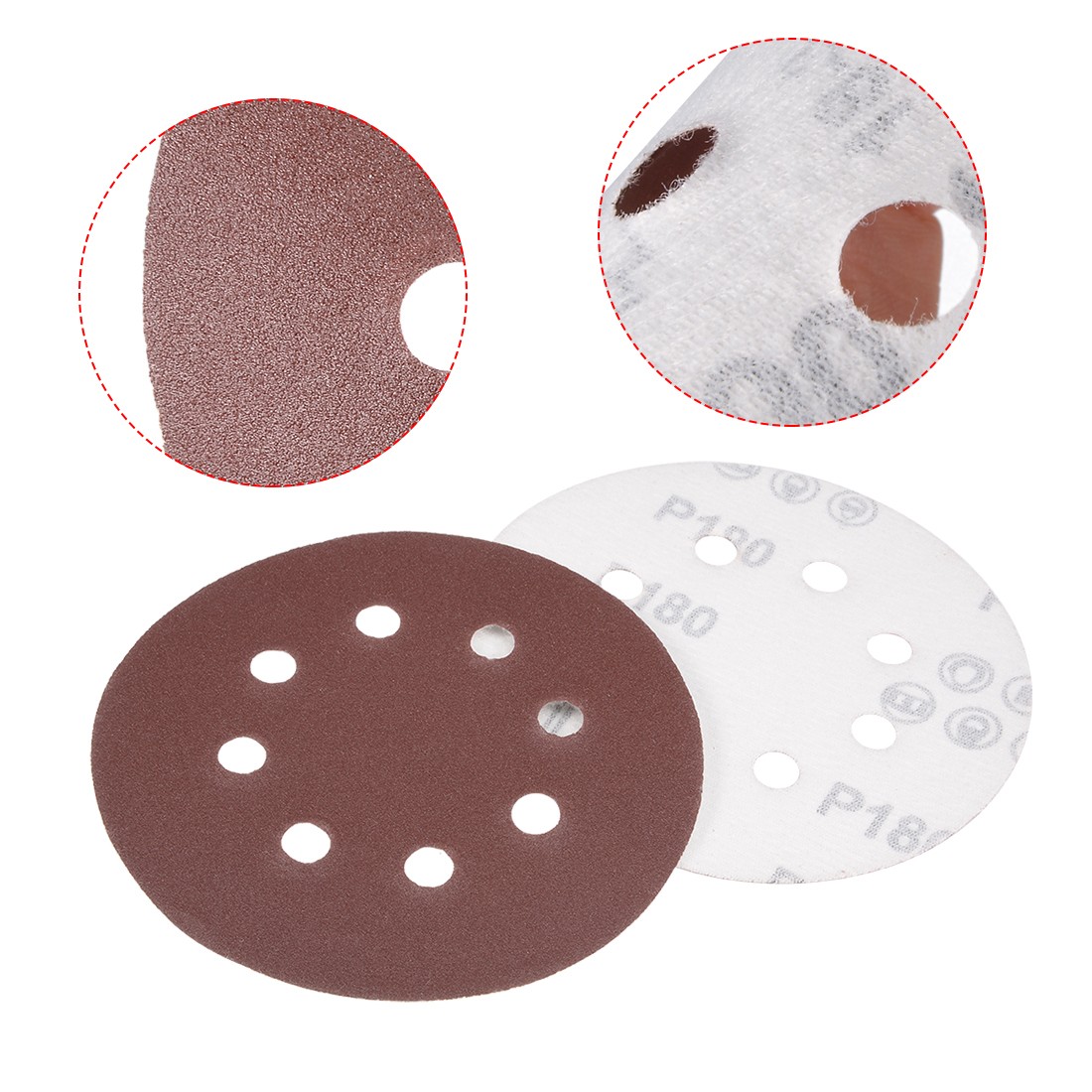 50Pcs 5 Inch 8 Hole Hook and Loop Sanding Disc 180 Grit Flocking Sandpaper DIY