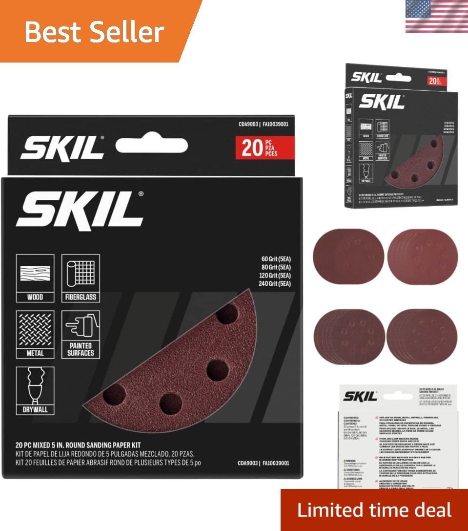 5-Inch Round Sanding Discs: Coarse to Extra Fine Grit Kit (20pcs)