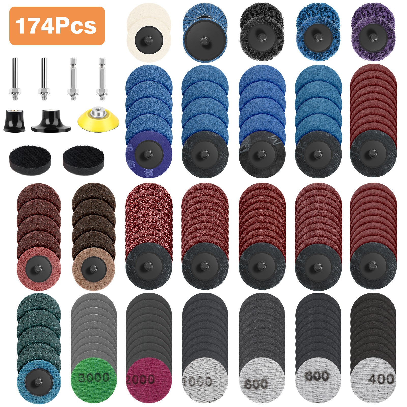 174x 2″ Sanding Disc Kit 40-3000Grit Wet Dry Hook & Loop Sandpaper Pad for Drill