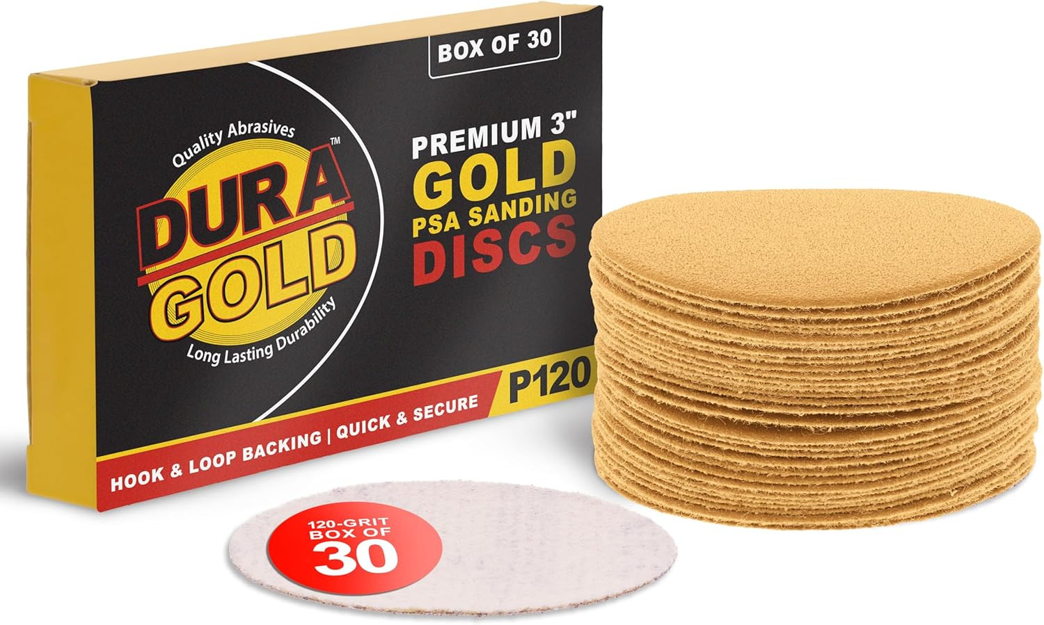– Premium – 120 Grit 3″ Gold Hook & Loop Sanding Discs for DA Sanders