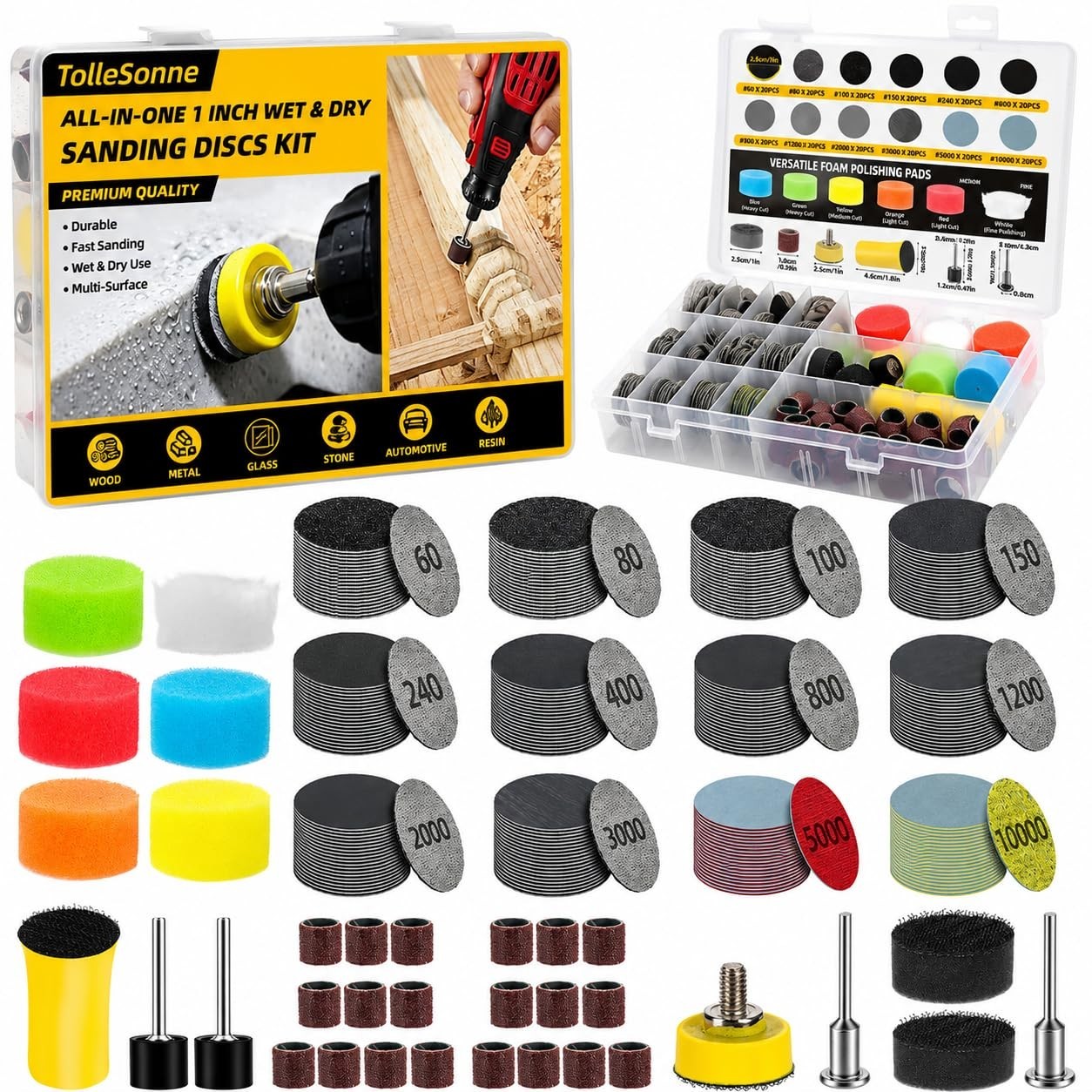 274 PCS 1 Inch Wet Dry Sanding Discs Kit and Drums for Sanding, 60-10000 Grit Ho