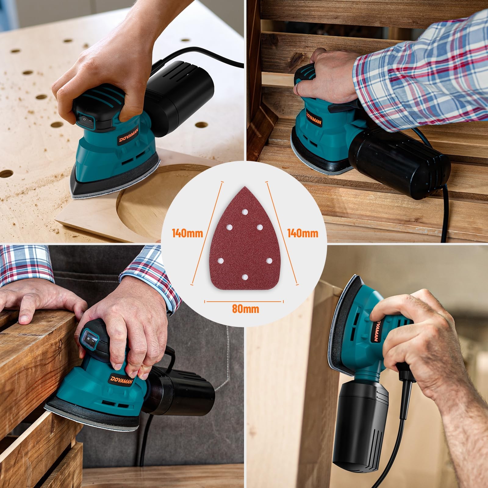 DOVAMAN 130W Detail Sander, 12000RPM Palm Sander Tool, Dust Collection A-blue