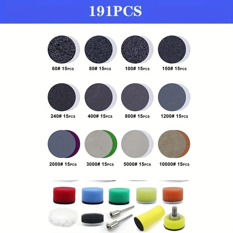 191Pcs 1 inch Sanding Discs 60-10000 Grit for Drill Wet Dry Hook Loop Sandpaper