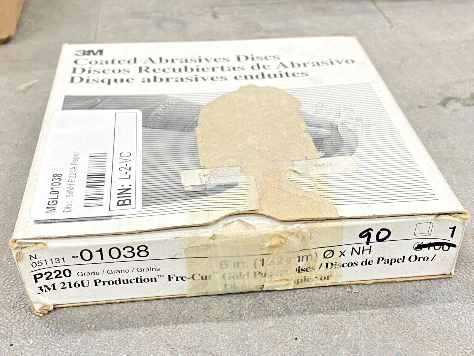 90 new 3M Production Fre-Cut 216U (6″ x NH) 220 Grit, PSA Gold Sanding Discs