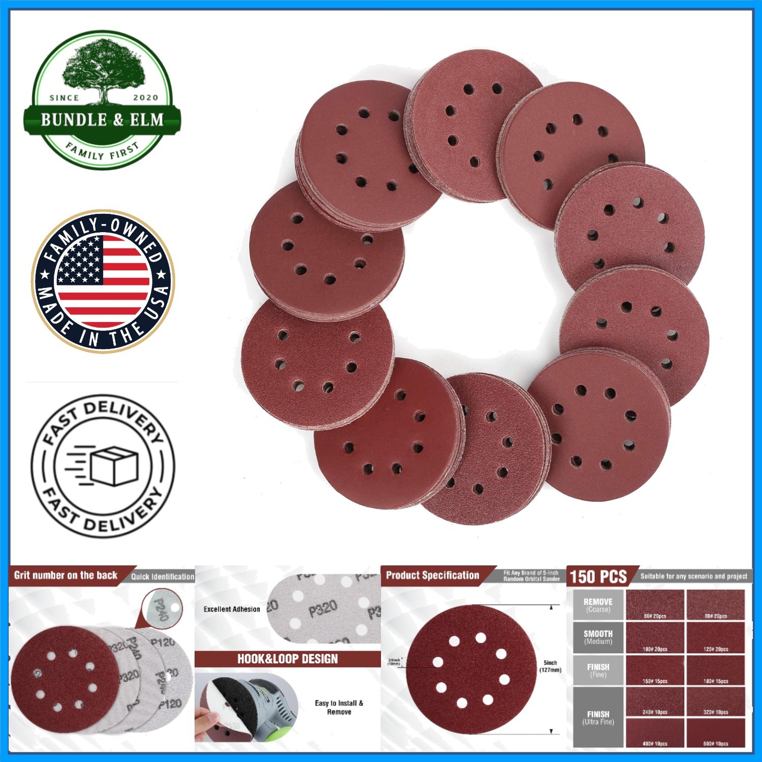 150-Piece Sanding Discs Set for Random Orbital Sander, Various Grits Included