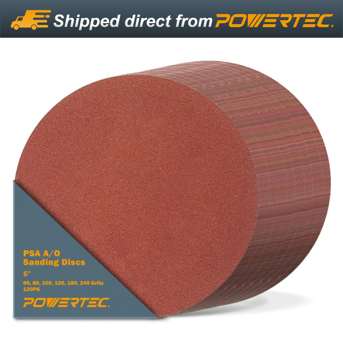 POWERTEC 110262 6 Inch PSA Sanding Discs, 60/80/100/120/180/240 Grit, 4×36 120PK
