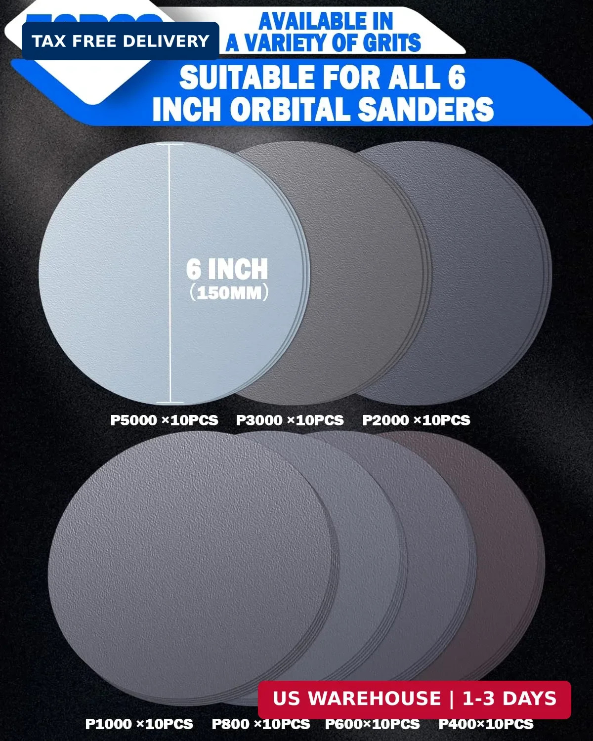70Pcs 6 Inch Wet Dry Sanding Paper Discs Hook and Loop, 5000 3000 2000 1000 800