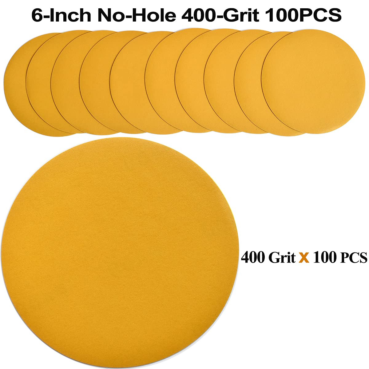 6-Inch No-Hole Hook and Loop Sanding Discs 400-Grit, Random Orbital Sandpaper