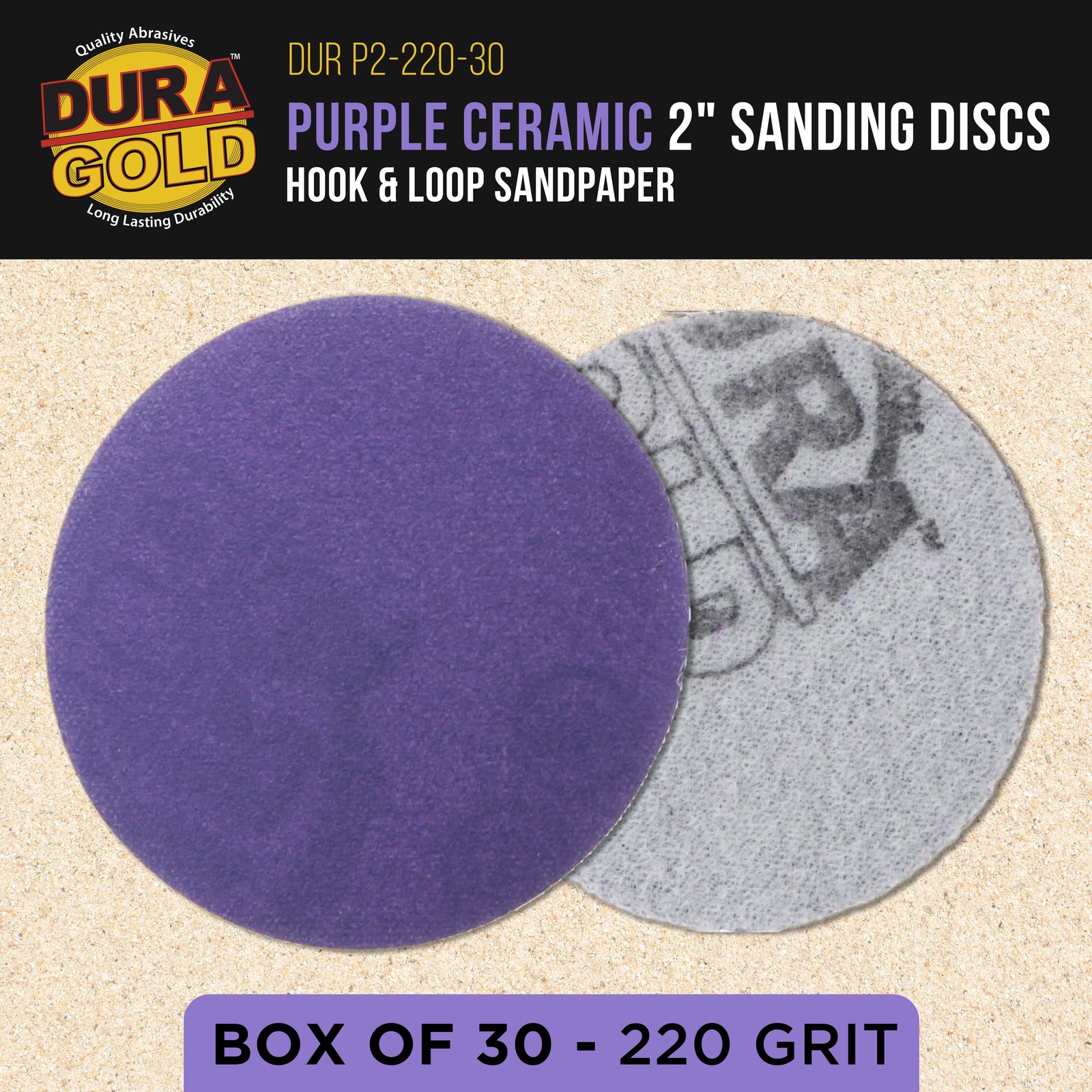 220 Grit 2″ Purple Ceramic Sanding Discs, Box of 30 – Hook & Loop Sandpaper