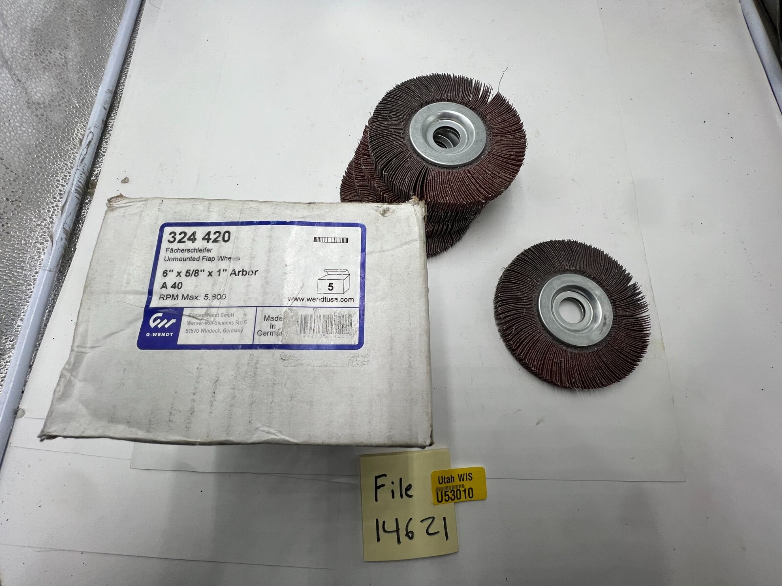 Box of 5 – G-WENDT Unmounted Flap Wheels 6″ x 5/8″ x 1″ Arbor A 40, 324 420