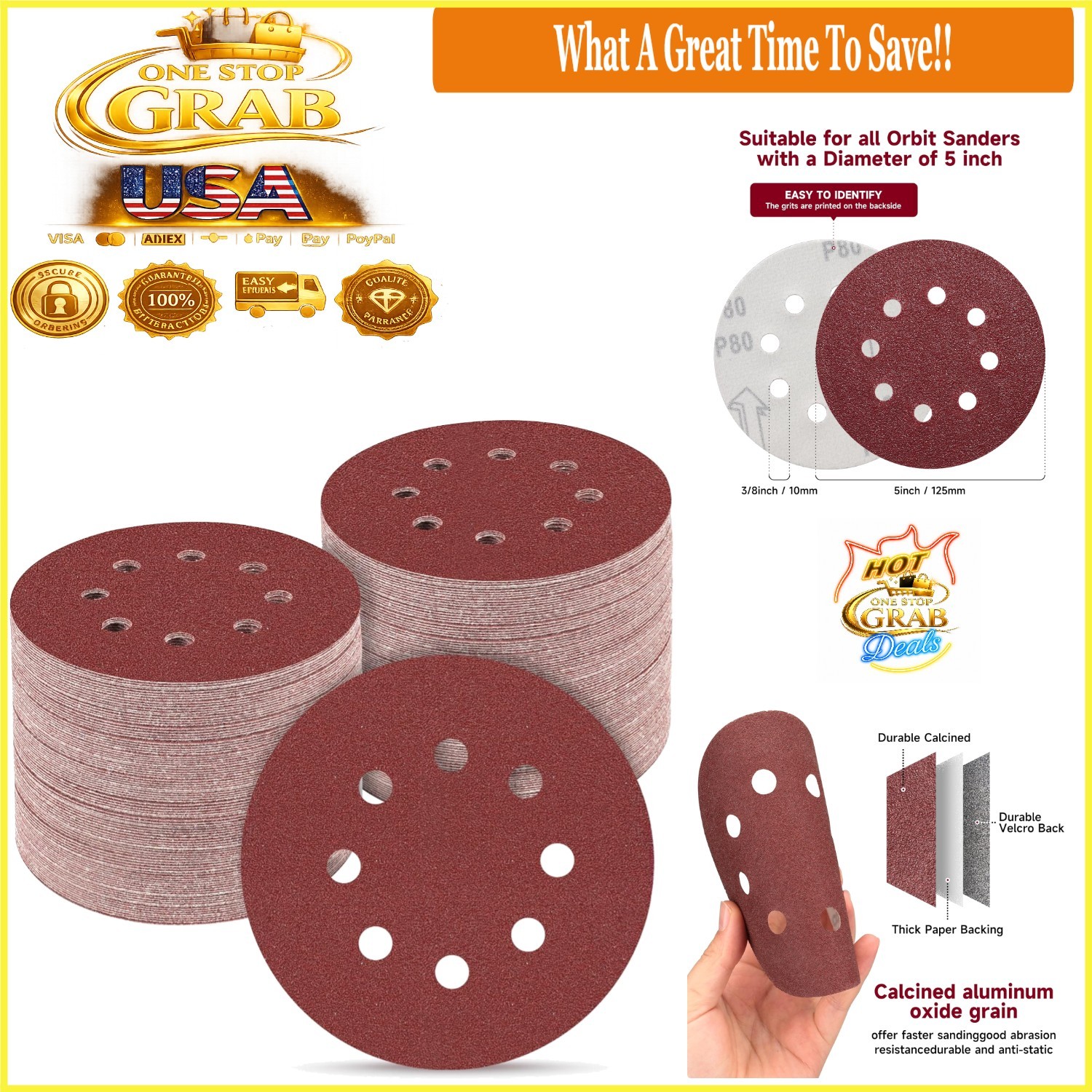 165PCS Sanding Discs 5 Inch Assorted Grits for Orbital Sander, Metal & Wood