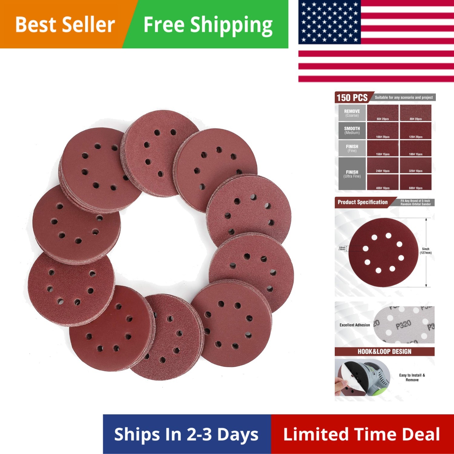 150-piece Sanding Discs Set – 5-Inch 8-Hole Sandpaper 10 Grades Include 60, 8…
