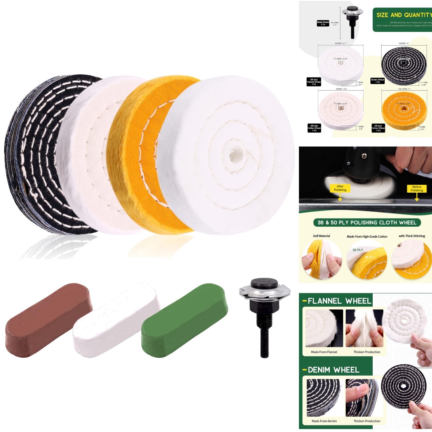 8pc 4″ Buffing Polishing Wheel Kit Bench Grinder 1/2″ Arbor & Polishing Compound