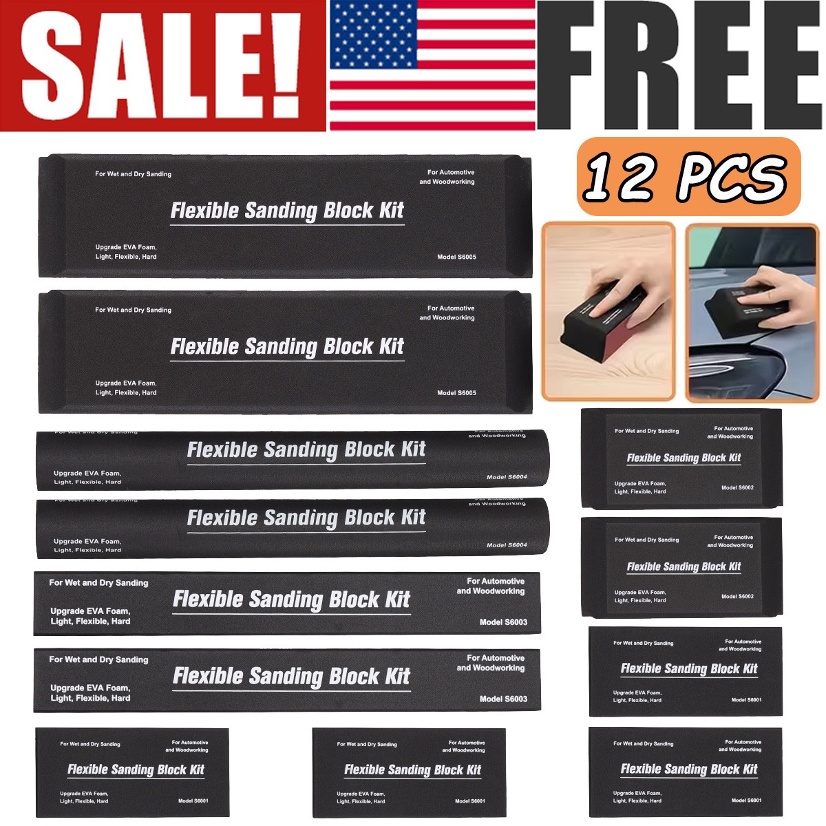 EVA Sanding Block Set Flexible Foam Sanding Pads Wet/Dry Auto Paint Woodworking