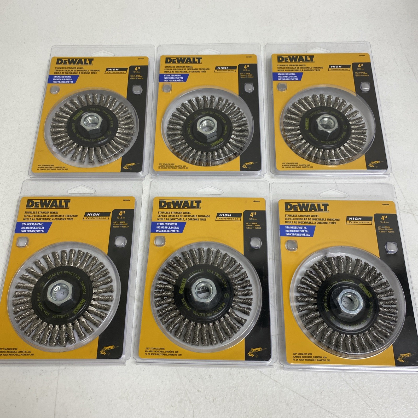 6 Pack DeWalt DW49204B, 4″ x 5/8″-11, .020, Stainless Stringer Wire Wheel Bulk