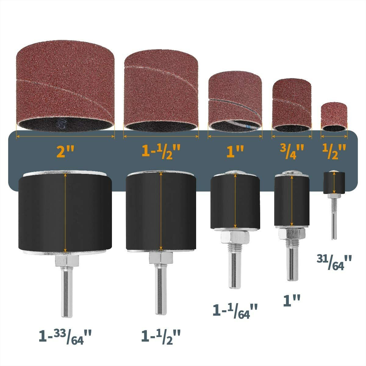 25PC 1/2″ – 2″ Spindle Sanding Drum Kit Sleeves Set for Drill Press Sander Paper