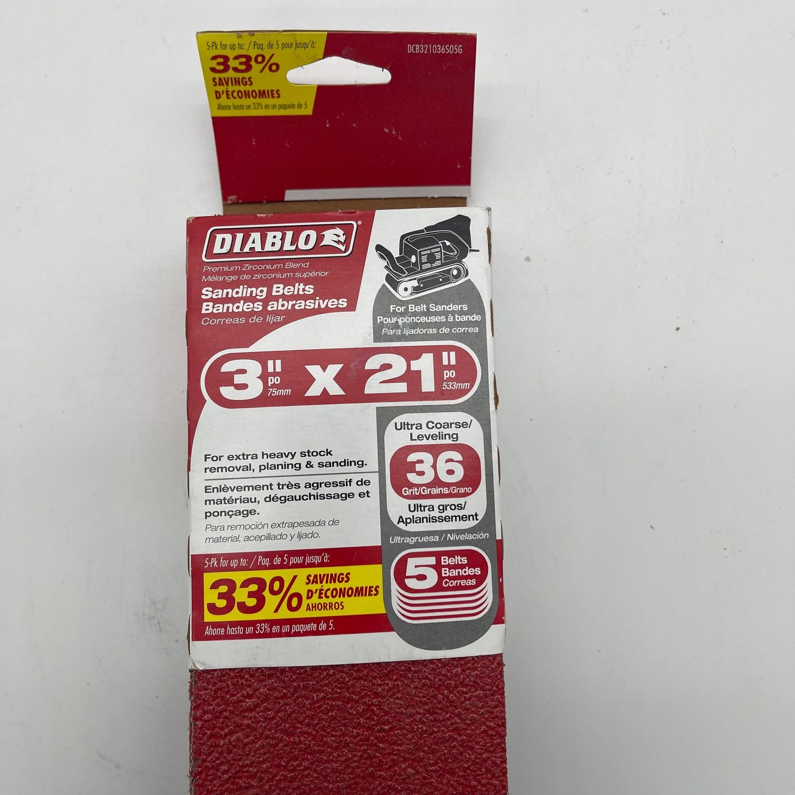 Diablo 3″ x 21″ 36 Grit Ultra Coarse Zirconium Sanding Belts (5-Pack)