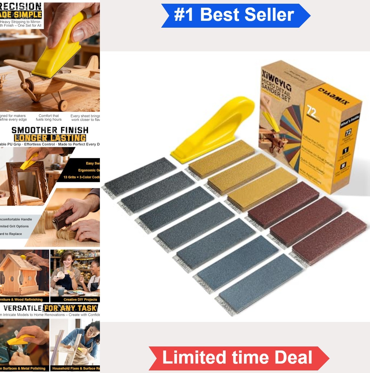 72 Piece Sandpaper Set 13 Grit Levels 80 to 3000 Color Coded Hand Sander Block