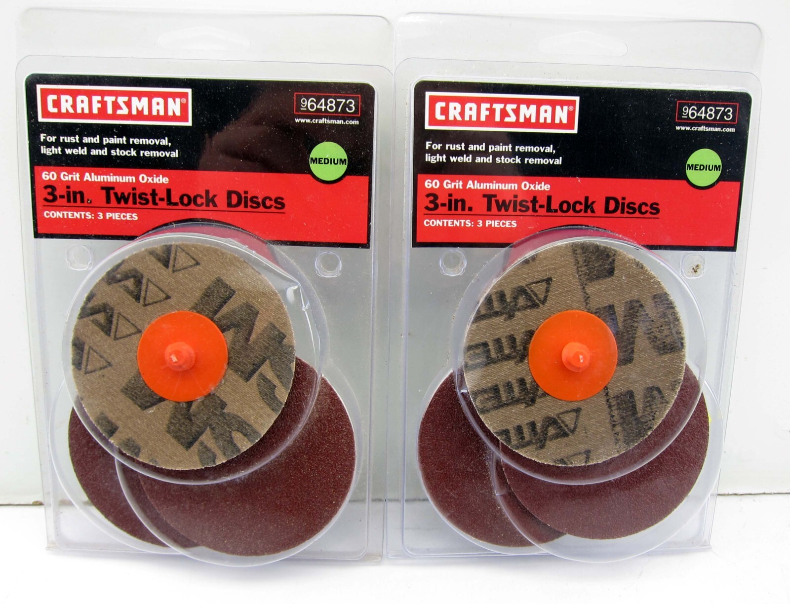 NEW Lot 2 Craftsman 964873 3” Twist Lock Discs 60 Grit 3 Pieces Per Pack Rust