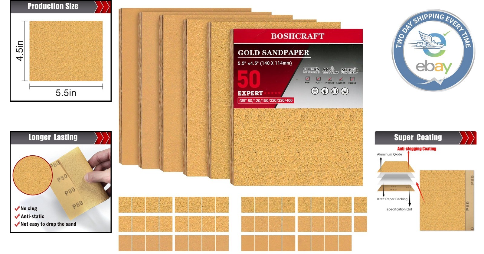 50 Pcs Aluminum Oxide Sandpaper Assortment – 5.5″ x 4.5″ Grits 80 to 400
