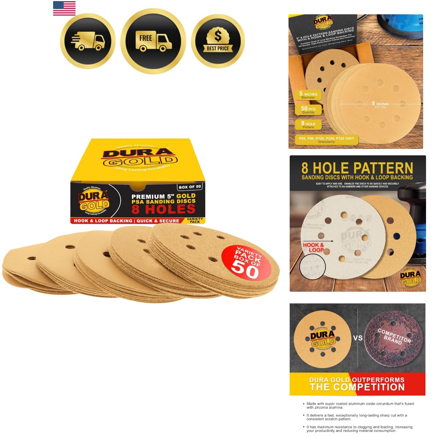 – Variety Pack – 5″ Gold Sanding Discs – 8-Hole Dustless Hook and Loop – 10 E…