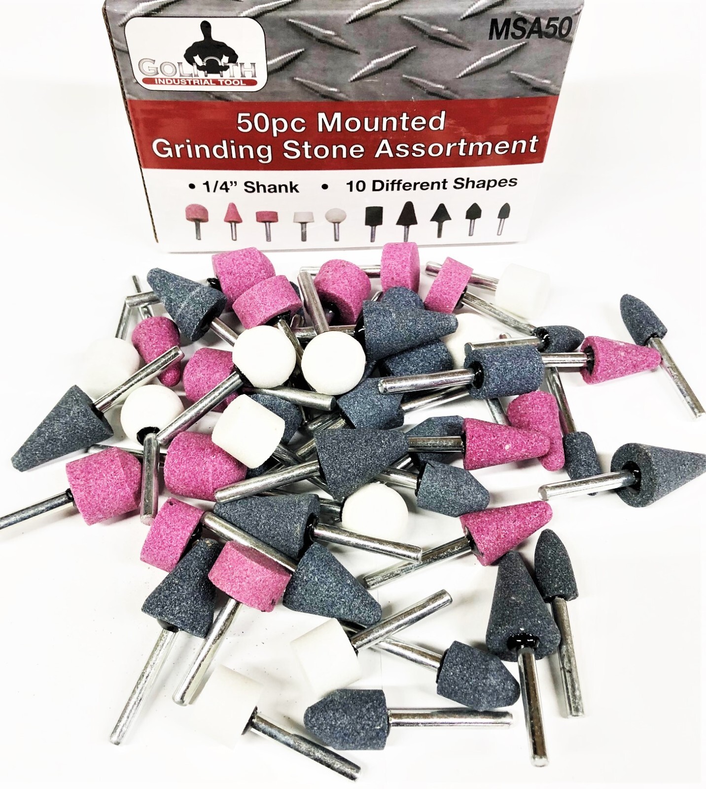 50pc GOLIATH INDUSTRIAL ASSORTED MOUNTED ABRASIVE GRINDING WHEEL STONE 1/4 SHANK