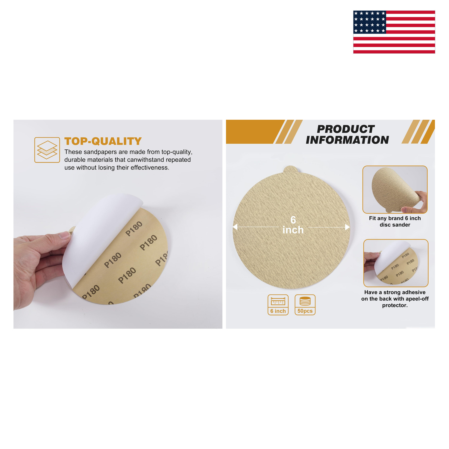 PSA Sanding Discs 6 Inch 180 Grit 50 Pack Self Adhesive Stickyback Sandpaper